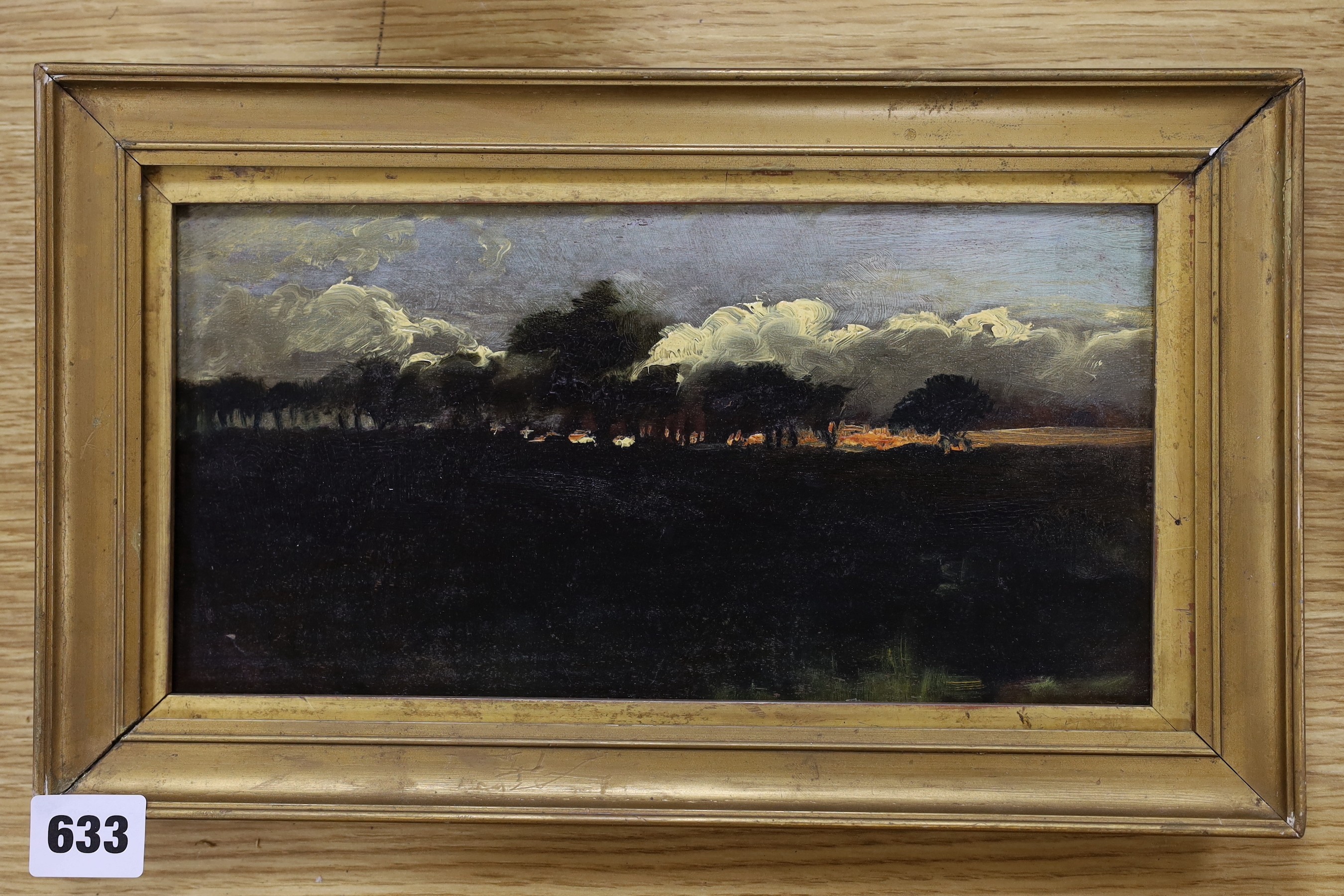 English School c.1890, oil on board, Tree line at sunset, 14 x 27cm